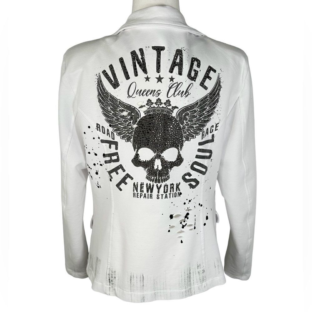 Nice Istanbul By Zerga Womens White & Grey Rhinestone Skull Print Blazer